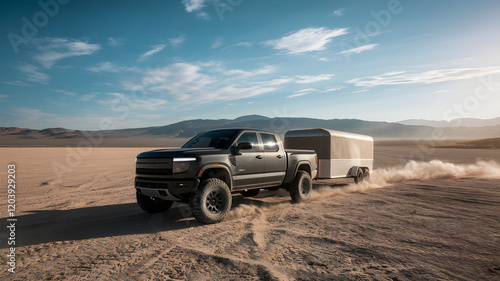 Pickup Truck Towing Through Desert Under Blazing Sun