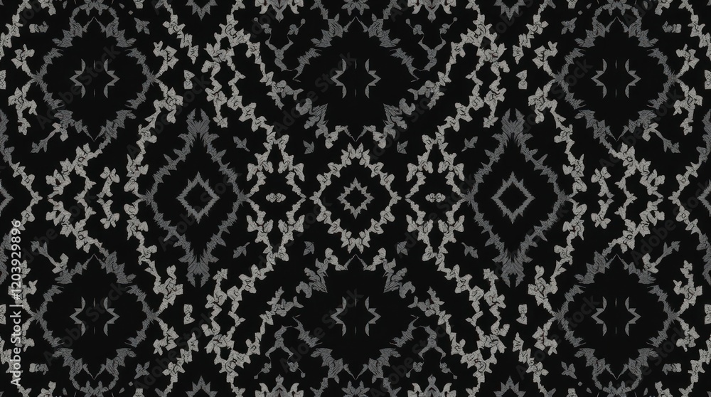 creepy atmosphere. Diamond seamless pattern featuring an ikat geometric folklore ornament in dark tones. Aztec-style folk embroidery and tribal ethnic vector texture creepy atmosphere. Diamond seamless pattern featuring an ikat geometric folklore ornament in dark tones. Aztec-style folk embroidery and tribal ethnic vector texture