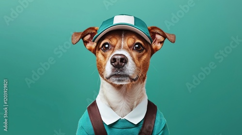 Playful dog in stylish outfit studio setting portrait image vibrant background eye-level view fun concept for pet fashion enthusiasts photo