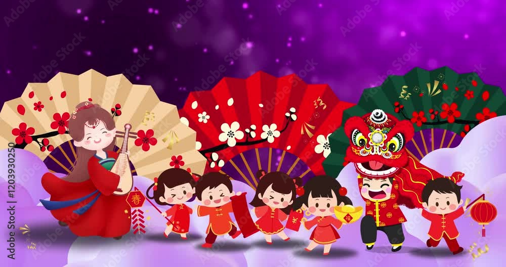 Chinese Lunar New Year - A Lady Plays Guitar, Children Happily holds Lantern, Red Envelope, Gold Coin, and Dancing Lion Costume. Chinese Translation: Chinese Lunar New Year - A Lady Plays Guitar, Children Happily holds Lantern, Red Envelope, Gold Coin, and Dancing Lion Costume. Chinese Translation: