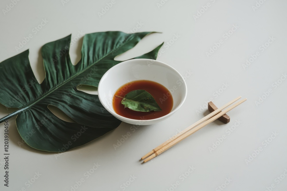Soy Sauce Bowl Chopsticks Monstera Leaf Minimalist Still Life Soy Sauce Bowl Chopsticks Monstera Leaf Minimalist Still Life