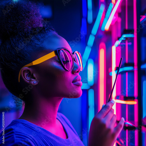 Black woman in store look on lash tool, neon lights, leds, futuristic store