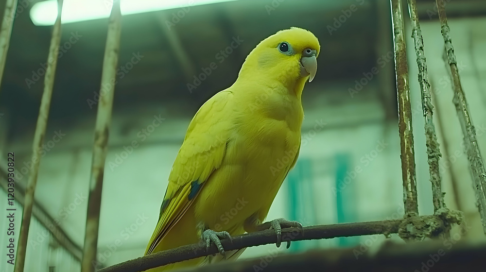 Obraz premium A vibrant yellow parrot perches on a rusty metal branch inside an aged cage, its bright plumage contrasting with the grunge setting.