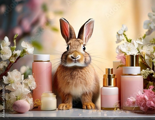 Osterhase mit Cremetiegeln und Blüten – Kreative Osterkampagne für die Kosmetikbranche photo