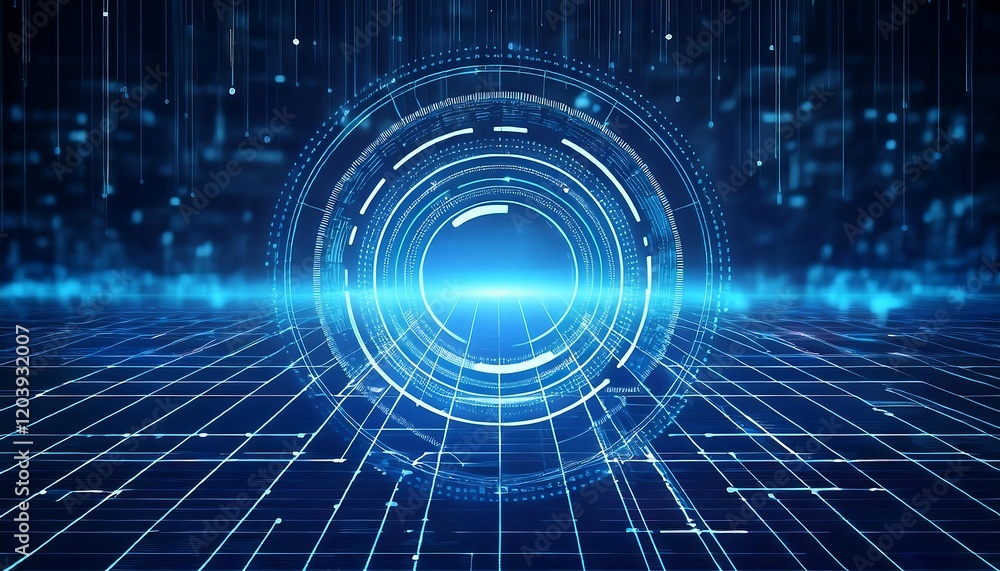 Obraz premium Futuristic digital interface with artificial intelligence hologram, representing advanced technology, future networks, and abstract connections. Perfect for tech, AI, and innovation themes