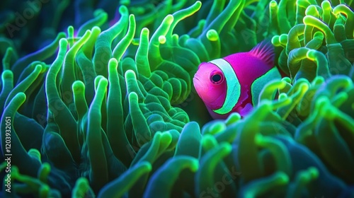 Pink anemonefish hiding in coral reef, underwater scene, ocean background, nature documentary
