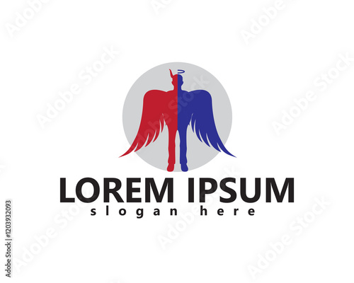 creative winged person with red half horned evil icon and blue half good icon logo design