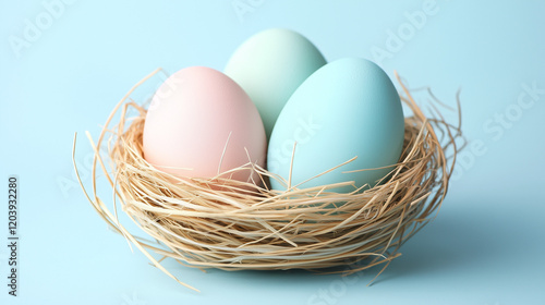colourful easter eggs on light blue background