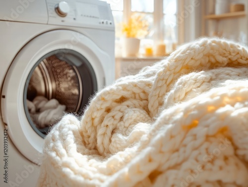 A cozy, knitted light-colored blanket being placed into a front-loading washing machine, with a tidy and bright laundry room in the background. The composition feels fresh and inviting. photo