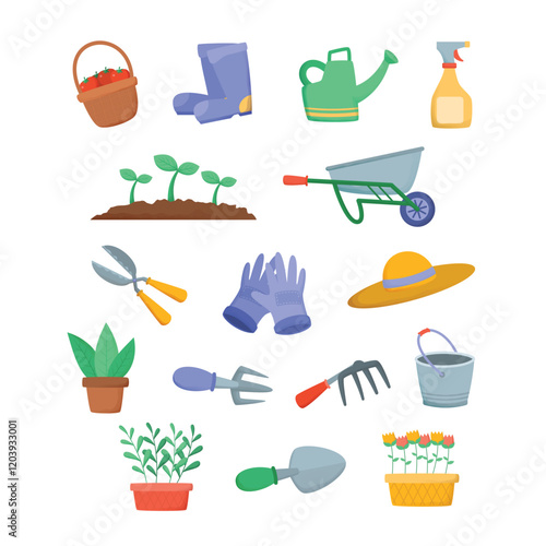 Collection of Gardening Tools and Plants Elements Illustration in Hand Drawn Flat Style