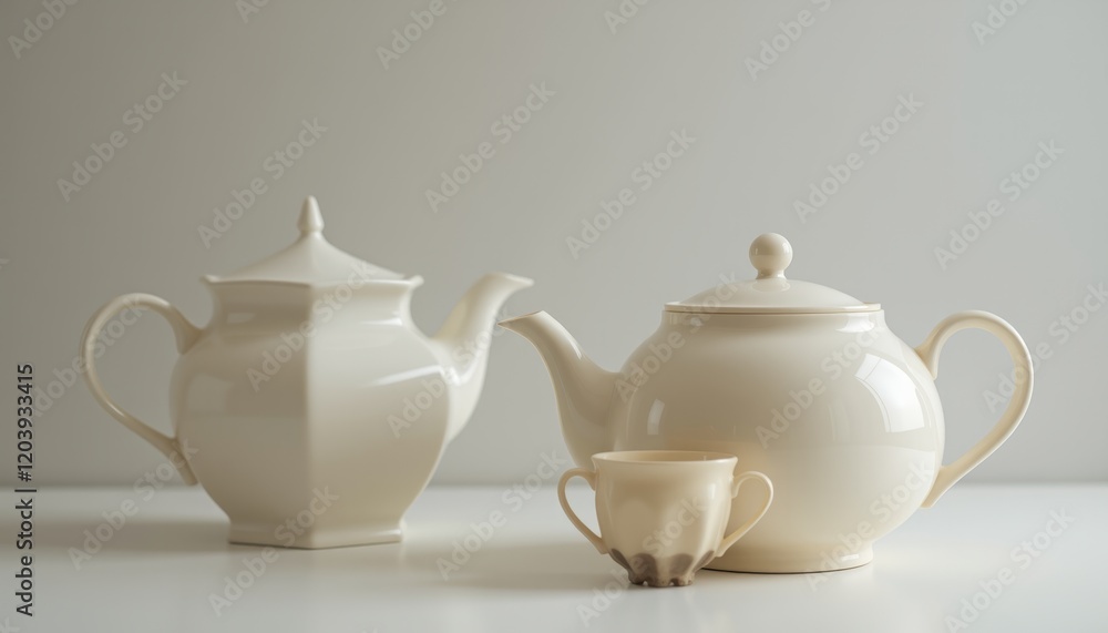 Elegant teapot and cup set with white flowers on table. Elegant teapot and cup set with white flowers on table.