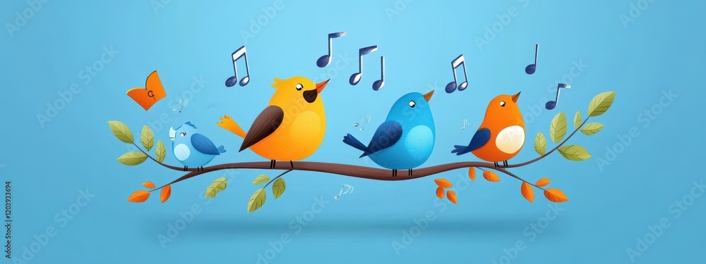 Fototapeta premium Colorful Cartoon Birds Singing on a Branch with Musical Notes, Landscape Illustration of Nature, Joyful Scene, Peaceful Atmosphere, Digital Art Creation, Vibrant Colors