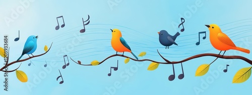 Colorful Birds Singing on Branches with Musical Notes in a Bright Sky, Representing Cheerfulness and Nature's Harmony