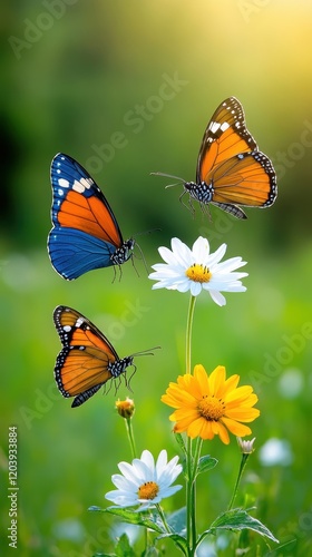 Vibrant Butterflies Afloat in Nature's Embrace, Gracing Colorful Flowers with Their Splendor Under a Warm Sunlit Sky in a Serene Garden Setting