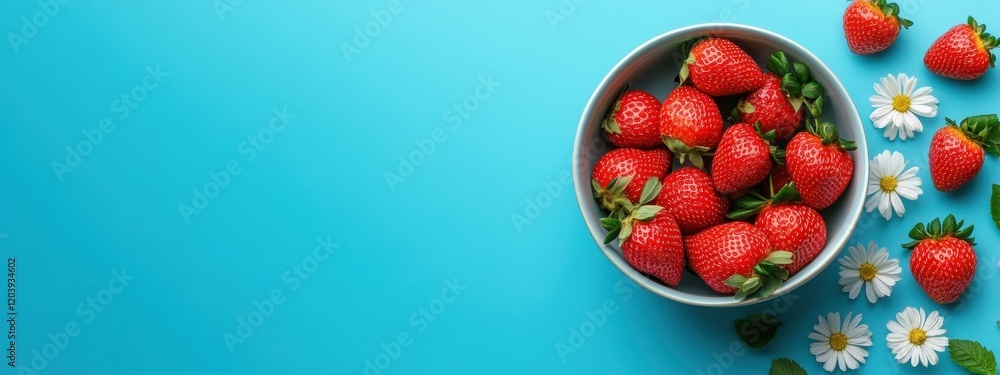Fresh and Juicy Strawberries in a Bowl Surrounded by White Daisies on a Bright Blue Background for Seasonal and Healthy Food Concepts Fresh and Juicy Strawberries in a Bowl Surrounded by White Daisies on a Bright Blue Background for Seasonal and Healthy Food Concepts