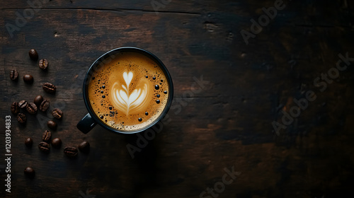 Wallpaper Mural Latte Art Coffee Cup with Coffee Beans on Rustic Wooden Table Torontodigital.ca