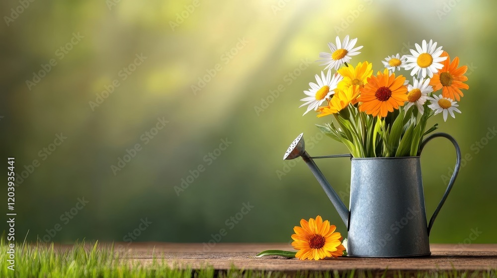Fototapeta premium Rustic spring flower arrangement in a metal watering can on a wooden table