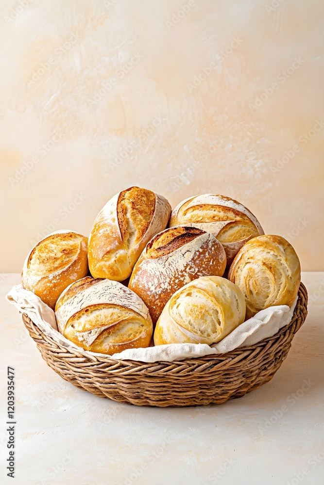 Freshly baked artisan rolls in a rustic woven basket captivating food photography warm kitchen setting Freshly baked artisan rolls in a rustic woven basket captivating food photography warm kitchen setting