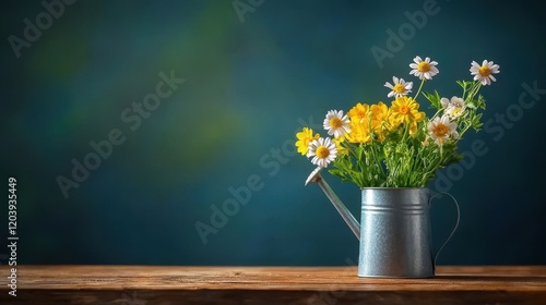 Rustic spring flower arrangement in a metal watering can on a wooden table