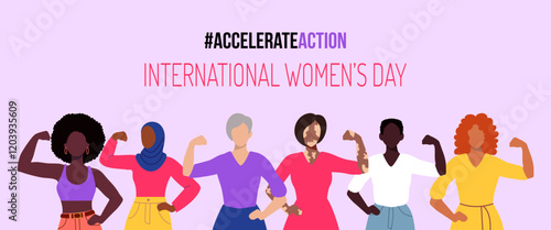 A group of women are standing together on a pink background with the words "International Women's Day" #accelerateaction