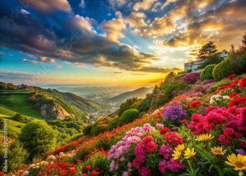 Panoramic View of Vibrant Rabelais Flowers Blooming Abundantly on a Hillside photo