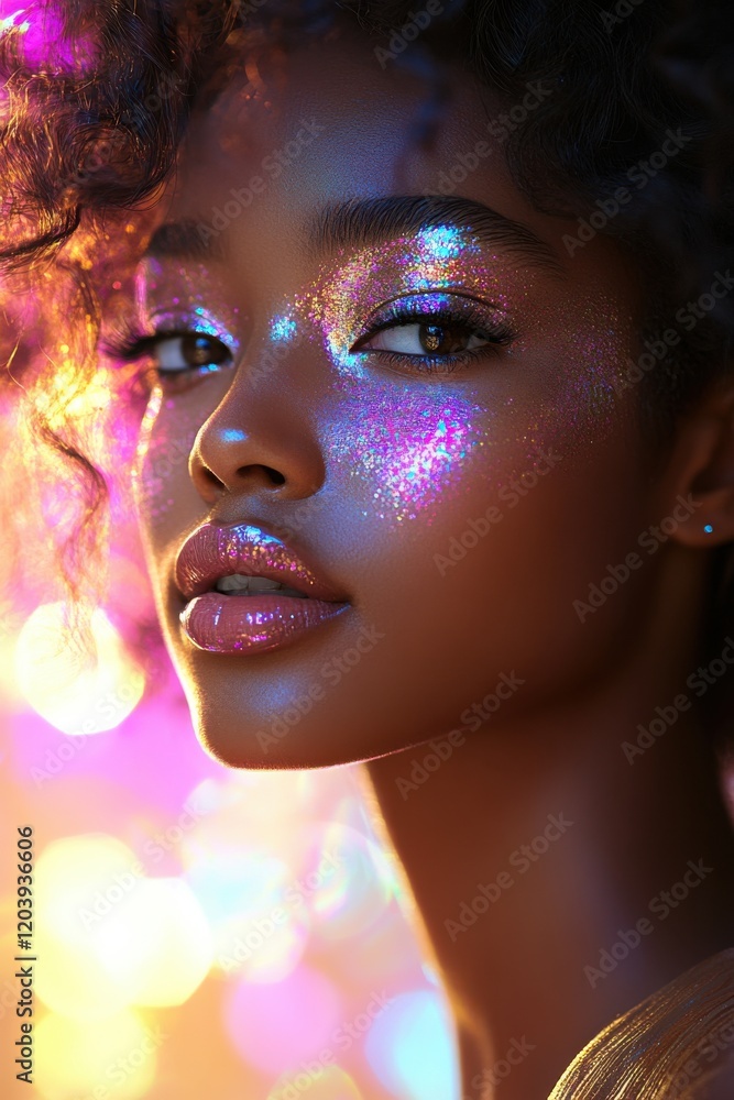 Captivating portrait of a young woman with radiant skin and vibrant glitter under soft lights in a colorful setting Captivating portrait of a young woman with radiant skin and vibrant glitter under soft lights in a colorful setting