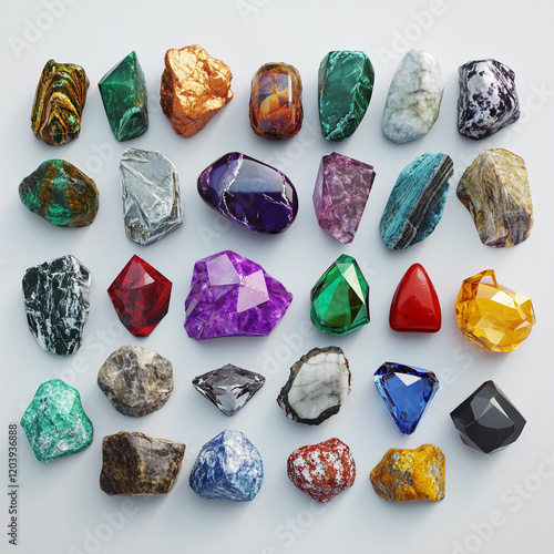 Colorful display of assorted gemstones and minerals arranged artistically on a white background photo