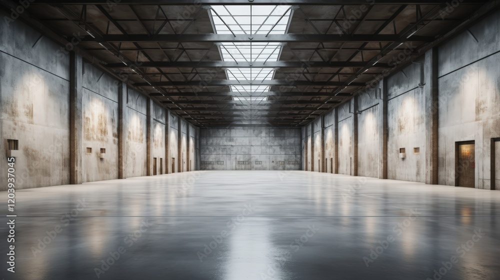 Fototapeta premium Vast Industrial Empty Warehouse Interior with Natural Light Streaming Through Skylights and Concrete Walls in a Wide Angle View
