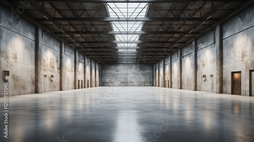 Wallpaper Mural Vast Industrial Empty Warehouse Interior with Natural Light Streaming Through Skylights and Concrete Walls in a Wide Angle View Torontodigital.ca