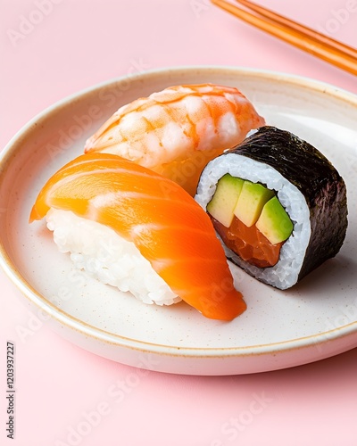 Sushi platter delight japanese cuisine food photography minimalist setting close-up perspective culinary art photo