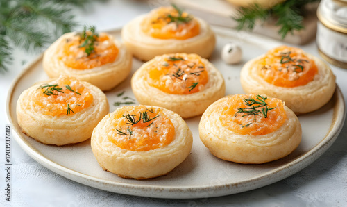 Festive salmon pastry appetizers, Christmas table photo