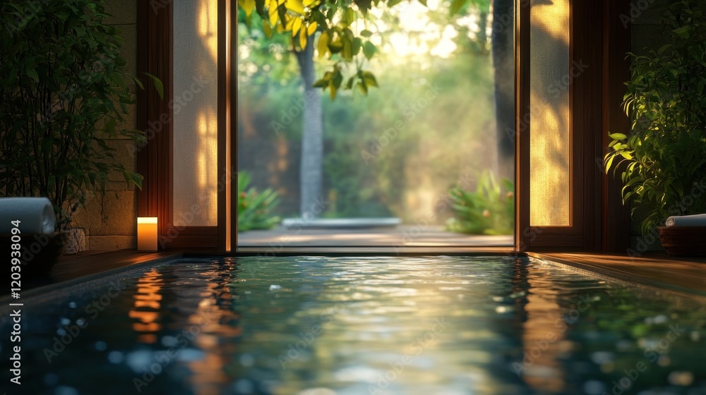 Serene Indoor Pool with Outdoor View and Wooden Accents at Sunset Glow Serene Indoor Pool with Outdoor View and Wooden Accents at Sunset Glow