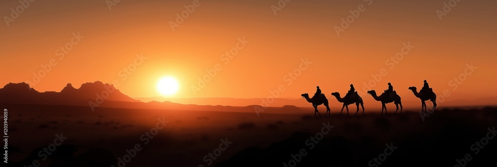 A silhouette of camels walking across the desert at sunset, capturing nature's majesty and timeless human journey. A silhouette of camels walking across the desert at sunset, capturing nature's majesty and timeless human journey.