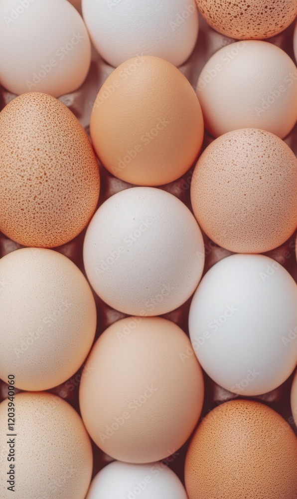 Assorted eggs arranged in a neat pattern showcasing various shades and textures in a light setting Assorted eggs arranged in a neat pattern showcasing various shades and textures in a light setting