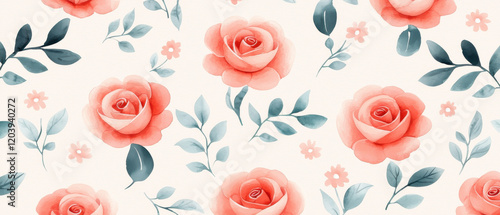 Wallpaper Mural Soft watercolor roses and leaves in vibrant coral and green hues create seamless floral pattern on light background, evoking delicate and romantic atmosphere Torontodigital.ca