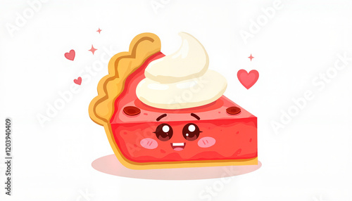 Smiling pie slice cartoon with whipped cream, joyful illustration