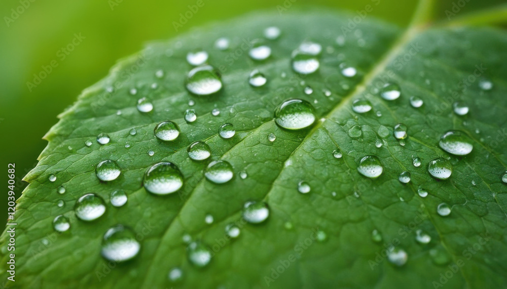 Morning dew droplets on a green leaf with blurred reflections Morning dew droplets on a green leaf with blurred reflections