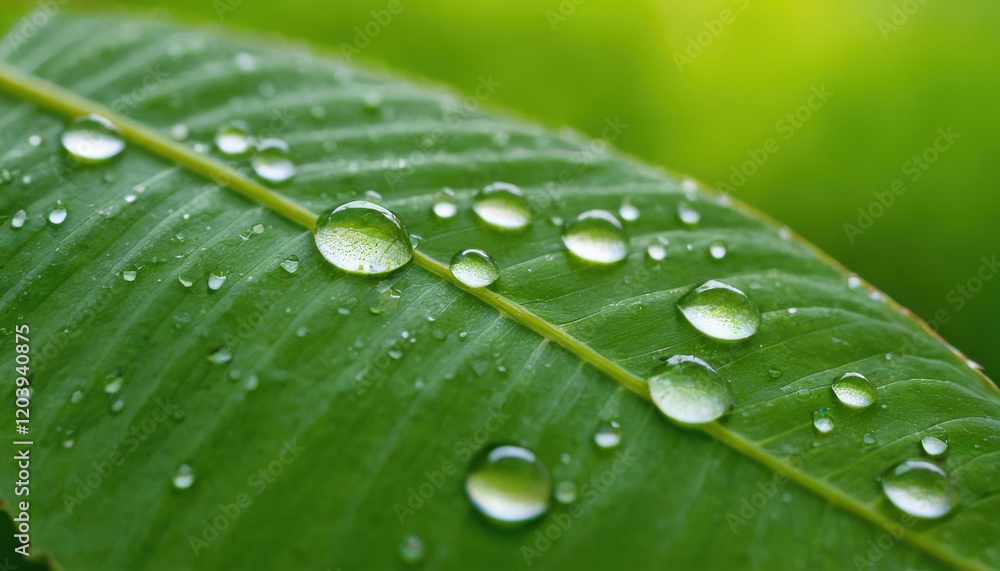 Morning dew droplets on a green leaf with blurred reflections Morning dew droplets on a green leaf with blurred reflections