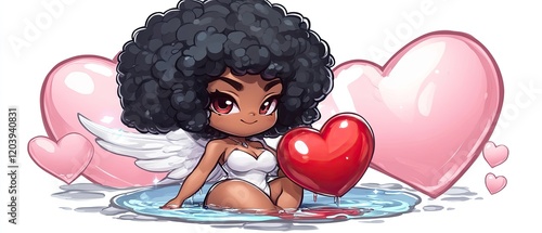 Cute Black Cupid Girl Holding a Red Heart in Water