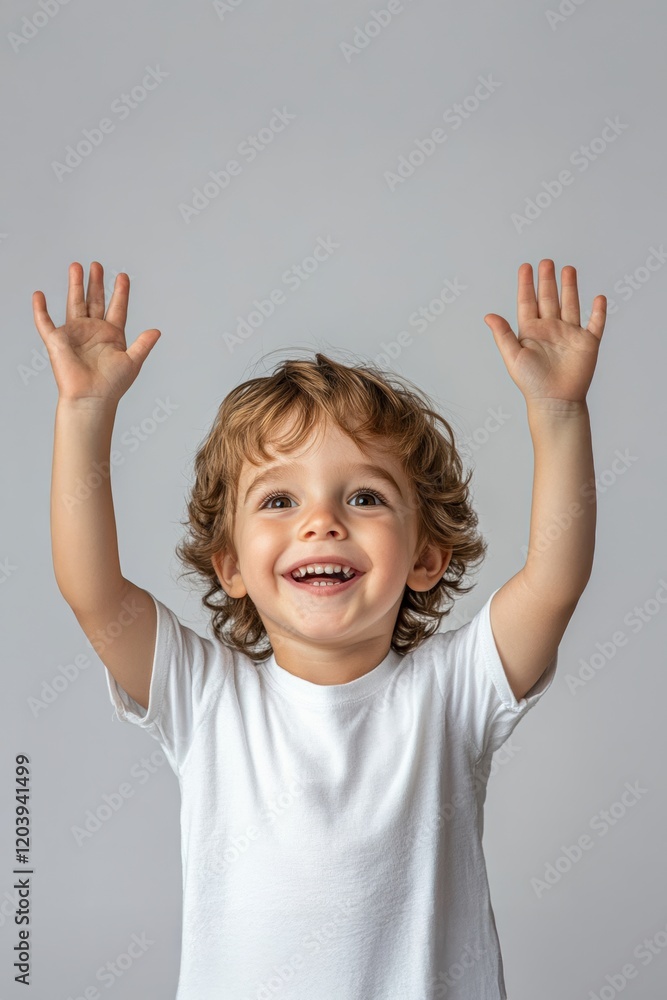 Little boy expresses joy and excitement with hands raised, celebrating a special moment indoors Little boy expresses joy and excitement with hands raised, celebrating a special moment indoors