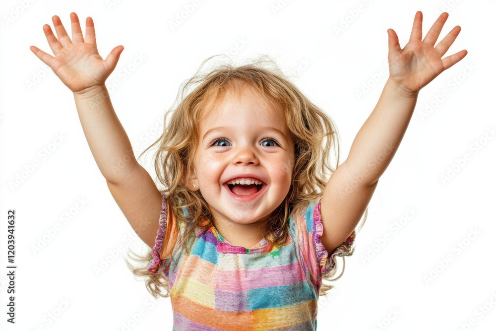 Girl expresses joy and excitement with raised arms while smiling brightly indoors Girl expresses joy and excitement with raised arms while smiling brightly indoors