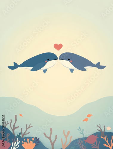 Whales share a tender moment in a whimsical underwater world filled with vibrant corals and playful fish