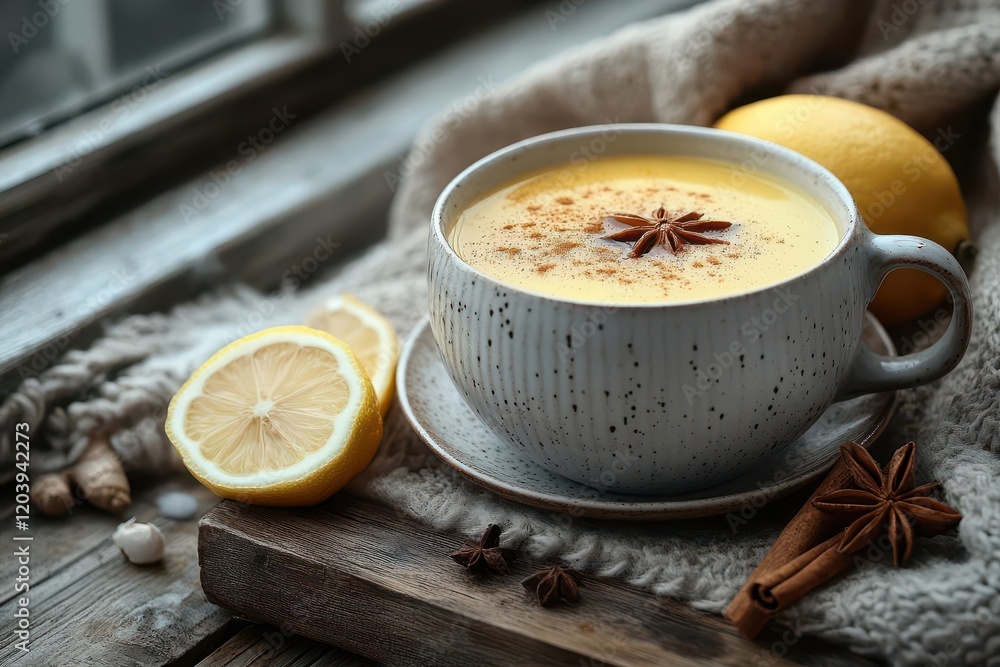 a soothing blend of warm ginger lemon and honey tea infused with spices like cinnamon and turmeric served on a rustic wooden table evoking comfort and wellness a soothing blend of warm ginger lemon and honey tea infused with spices like cinnamon and turmeric served on a rustic wooden table evoking comfort and wellness