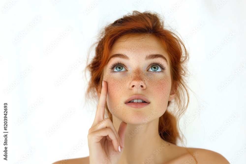 Young person with red hair contemplating ideas against a light background Young person with red hair contemplating ideas against a light background