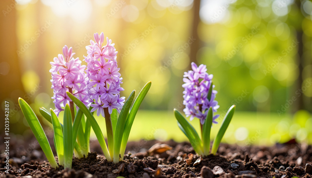 Obraz premium Vibrant hyacinths blooming in nurturing soil, springtime renewal