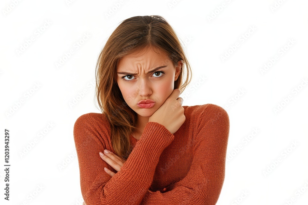 Young person showing displeasure while crossing arms, posing in a neutral setting Young person showing displeasure while crossing arms, posing in a neutral setting