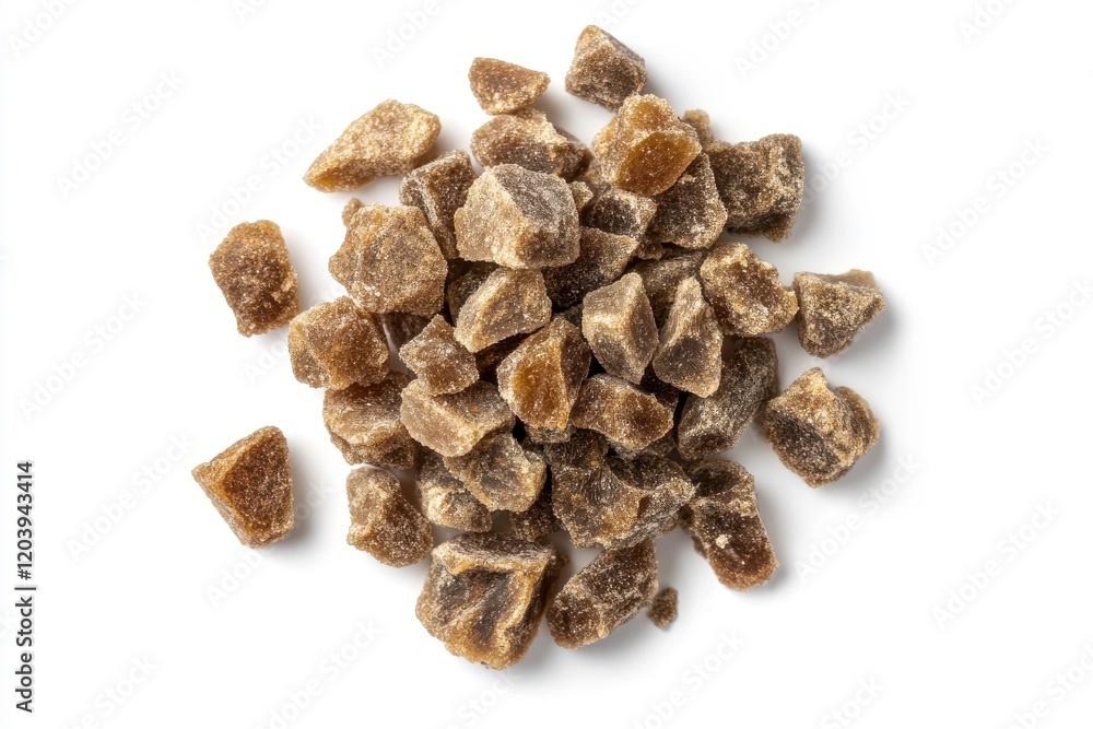 Obraz premium Muscovado sugar pile on white surface for culinary use, top view showcasing rich texture and color for food photography and gourmet cooking enthusiasts