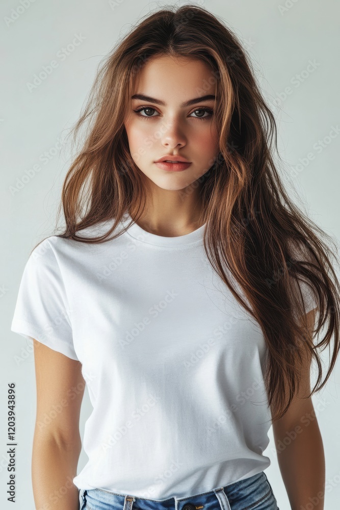 Women in plain white t-shirts showcasing casual style and natural beauty indoors Women in plain white t-shirts showcasing casual style and natural beauty indoors