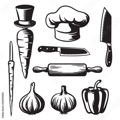 Kitchen tools icon set. Garlic onion and Capsicum vector art. chef's hat illustration