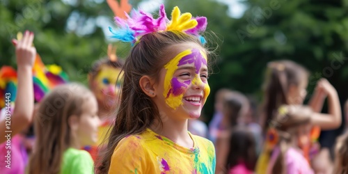 Children with painted faces enjoy a vibrant festival full of laughter and colorful embellishments outdoors. photo